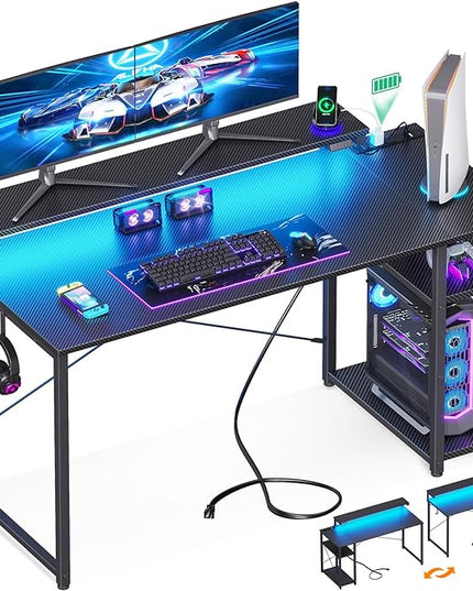 MOTPK Gaming Desk with Led Lights & Power Outlet, 47 Inch Gaming Computer Desk with Shelves, Reversible Gamer Desk Table with Adjustable Monitor Stand & Headphone Hook, Carbon Fiber Texture, Black - LeafyLoom