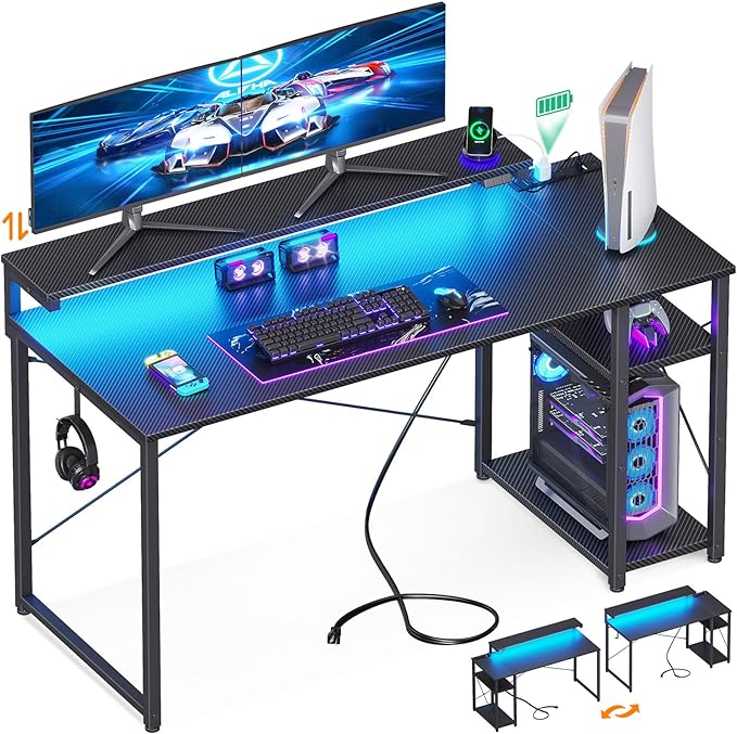 MOTPK Gaming Desk with Led Lights & Power Outlet, 47 Inch Gaming Computer Desk with Shelves, Reversible Gamer Desk Table with Adjustable Monitor Stand & Headphone Hook, Carbon Fiber Texture, Black - LeafyLoom