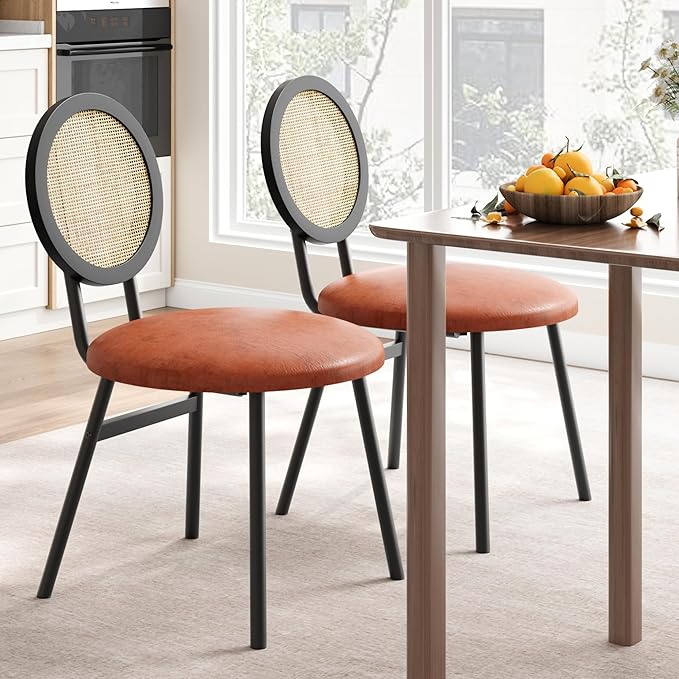 IDEALHOUSE Dining Chairs Set of 2, Rattan Kitchen Chairs with Thicken Upholstered, Modern Dining Room Chairs Set of 2, Space Saving Dining Chairs with Metal Legs for Living Room - LeafyLoom