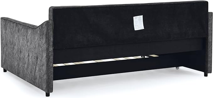 Full Size Daybed with win Size Trundle, Upholstered Tufted Day Bed, with Button Back and Waved Shape Arms, Wood Slat Support, No Spring Box Need, for Bedroom, Livingroom, Grey - LeafyLoom