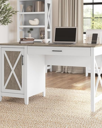 Bush Furniture Key West Computer Desk with Storage | Farmhouse PC Table for Home Office in Pure White and Shiplap Gray | 54W x 24D - LeafyLoom