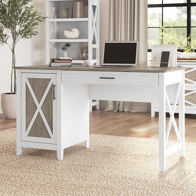Bush Furniture Key West Computer Desk with Storage | Farmhouse PC Table for Home Office in Pure White and Shiplap Gray | 54W x 24D - LeafyLoom
