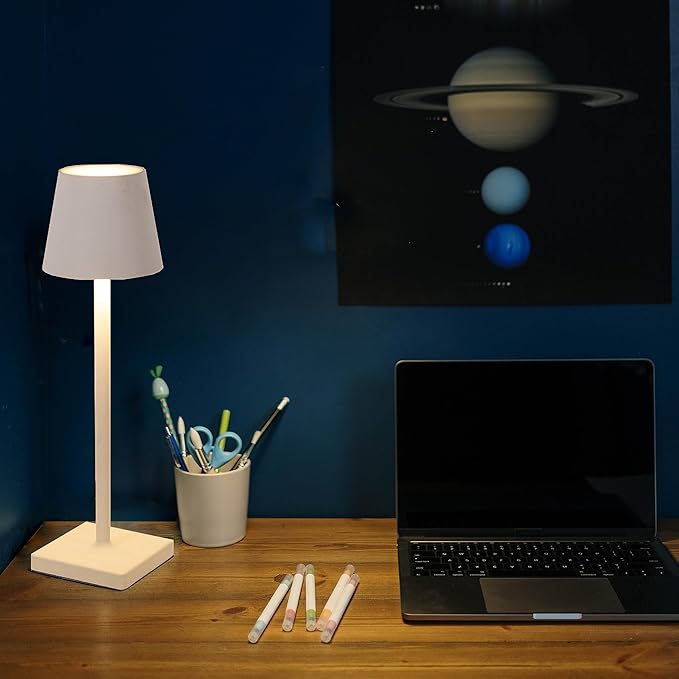 Rechargeable Table Lamp, 3 Color Dimmable Modern Battery Powered Lamp, 5200mAh Touch Cordless LED Desk Lamp for Bedroom Reading Office Bar Cafe Patio (White) - LeafyLoom