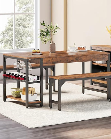 YITAHOME 63" 3 Piece Kitchen Dining Table Set for 4 with Bench & Storage, Farmhouse Rectangle Dining Room Dinner Table with Wine & Glass Holder for Space Saving, Rustic Brown - LeafyLoom