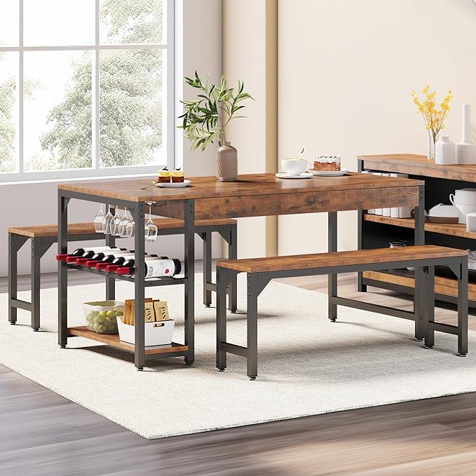 YITAHOME 63" 3 Piece Kitchen Dining Table Set for 4 with Bench & Storage, Farmhouse Rectangle Dining Room Dinner Table with Wine & Glass Holder for Space Saving, Rustic Brown - LeafyLoom