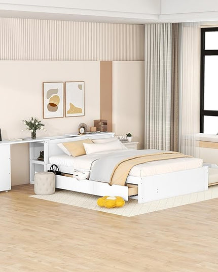 Wood Full Size Platform Bed with Headboard W/Build-in Rolling Desk, Full Bed Frame with Trundle Bed and Storage Drawers for Teens Kids Adults, No Box Spring Needed, White - LeafyLoom