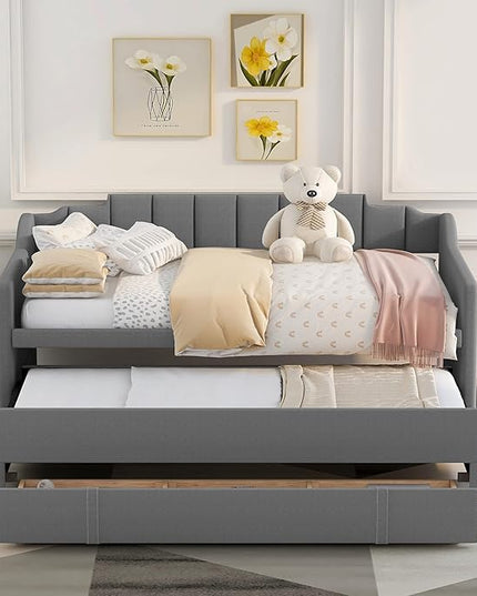 Twin Size Upholstered Daybed Sofa Bed with Trundle and 3 Storage Drawers, for Living Room and Bedroom, Grey - LeafyLoom