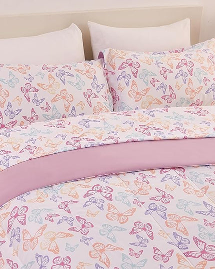 Butterfly Kids Comforter Set for Girls Full Size, Cute Reversible Quilted Lavender Printed Bedding Set with Pillow Sham, Lightweight Soft Breathable Machine Washable Bed Set 3 Piece - LeafyLoom