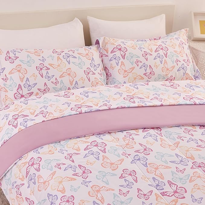 Butterfly Kids Comforter Set for Girls Twin, Cute Reversible Quilted Lavender Printed Bedding Set with Pillow Sham, Lightweight Soft Breathable Machine Washable Bed Set 2 Piece - LeafyLoom