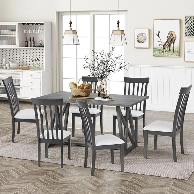 COLAMY Wooden Dining Chairs Set of 2, PU Leather Dining Room Kitchen Side Chair with Spindle High Back and Adjustable Foot Pegs - Grey - LeafyLoom