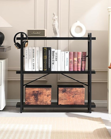 HCHQHS Bookshelf, 3-Tier Industrial Bookcase, Black Open Book Shelf, Freestanding Horizontal Bookshelves with Metal Frame - LeafyLoom