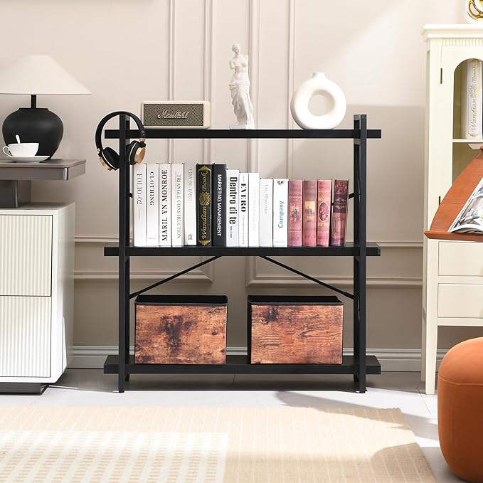 HCHQHS Bookshelf, 3-Tier Industrial Bookcase, Black Open Book Shelf, Freestanding Horizontal Bookshelves with Metal Frame - LeafyLoom