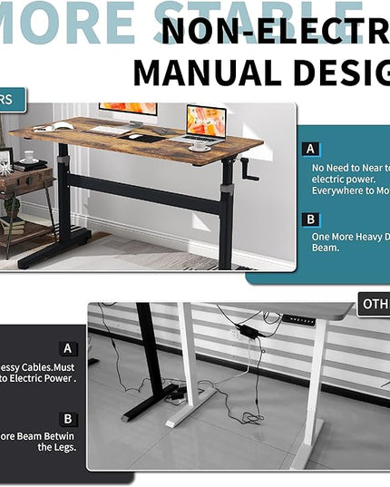 Manual Standing Desk Adjustable Height- Crank Mobile Standing Desk 55 x 24 Inches Sit Stand Desk Frame & Top, Stand Up Desk on Wheels, Computer Desk White Frame & White - LeafyLoom