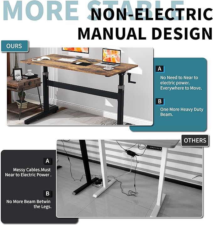 Manual Standing Desk Adjustable Height- Crank Mobile Standing Desk 55 x 24 Inches Sit Stand Desk Frame & Top, Stand Up Desk on Wheels, Computer Desk Black Frame & Black - LeafyLoom