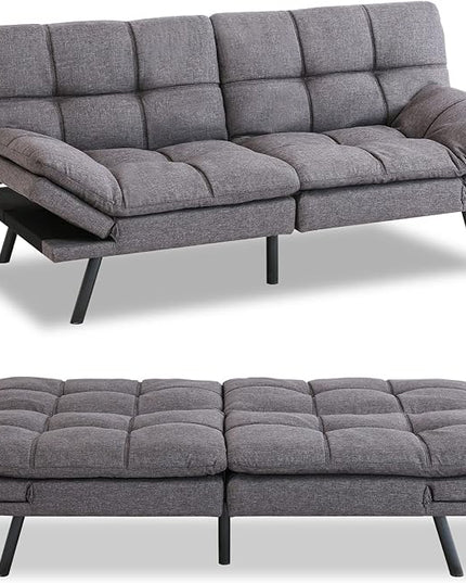 MUUEGM Futon Sofa Bed Convertible Memory Foam Sleeper Couch,Modern Loveseat for Living Room,Small Compact Space,Dorm,Office,Adjustable Armrests Backrest Sofabed, Linen Grey - LeafyLoom