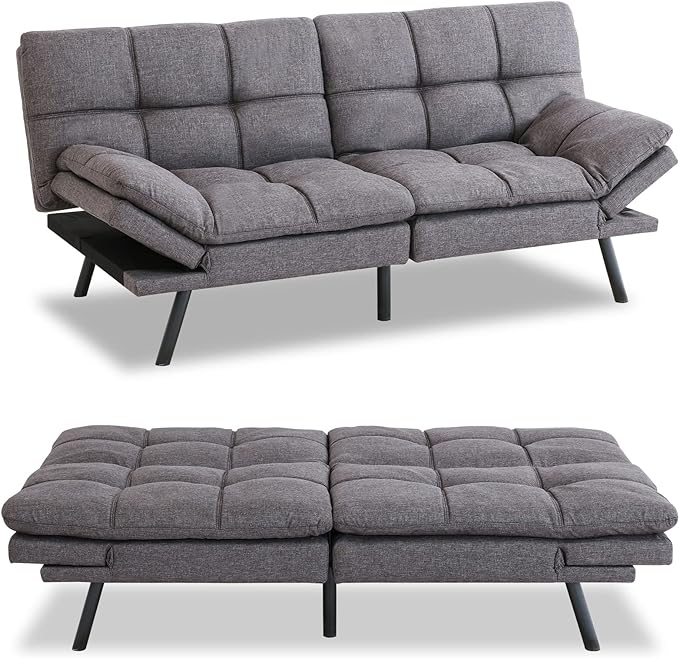 MUUEGM Futon Sofa Bed Convertible Memory Foam Sleeper Couch,Modern Loveseat for Living Room,Small Compact Space,Dorm,Office,Adjustable Armrests Backrest Sofabed, Linen Grey - LeafyLoom