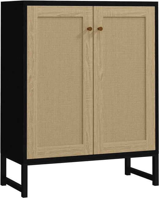 Panana Rattan Decorated 2 Doors Storage Cabinet Accent Cabinet Living Room Cupboard Kitchen Sideboard Buffet Table (Black Cabinet) - LeafyLoom