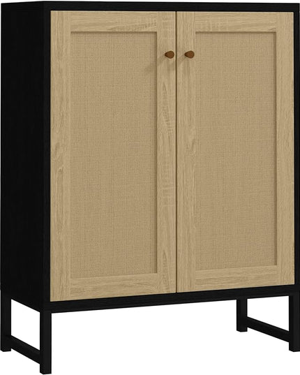 Panana Rattan Decorated 2 Doors Storage Cabinet Accent Cabinet Living Room Cupboard Kitchen Sideboard Buffet Table (Black Cabinet) - LeafyLoom