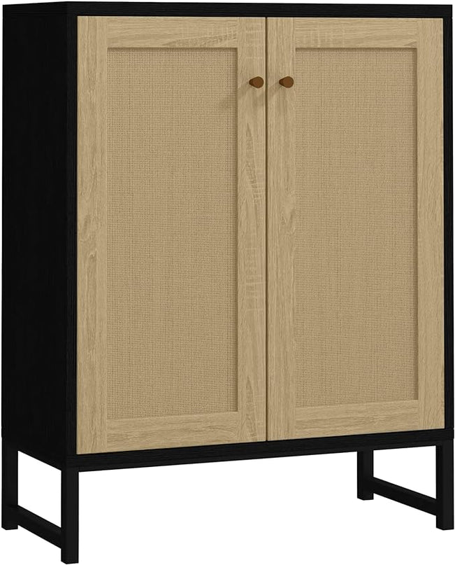 Panana Rattan Decorated 2 Doors Storage Cabinet Accent Cabinet Living Room Cupboard Kitchen Sideboard Buffet Table (Black Cabinet) - LeafyLoom