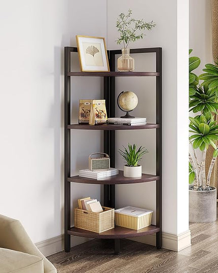SAYGOER Corner Bookshelf 4 Tier Stand Corner Ladder Shelf Modern Storage Organizer Bookcase Industrial Display Rack Shelves for Small Space, Living Room,Brown - LeafyLoom