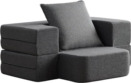 Convertible Folding Sofa - Modern Linen Fabric Coffee Table, Foldable Floor & Futon Couch, with Pillow for Living Room/Dorm/Guest Room/Home Office/Apartment,Single (2 in 1),Dark Gray - LeafyLoom