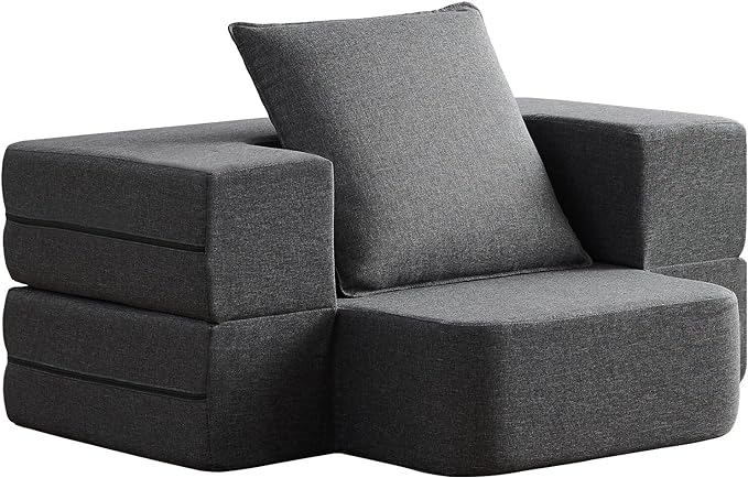 Convertible Folding Sofa - Modern Linen Fabric Coffee Table, Foldable Floor & Futon Couch, with Pillow for Living Room/Dorm/Guest Room/Home Office/Apartment,Single (2 in 1),Dark Gray - LeafyLoom