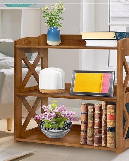 Bookcase by Natural Wood, 3 Tier Bookshelf, Small Book Shelves Freestanding Display Storage Shelves. Open Bookshelf for Bedroom, Living Room and Office (Brown, 3 Tier) - LeafyLoom
