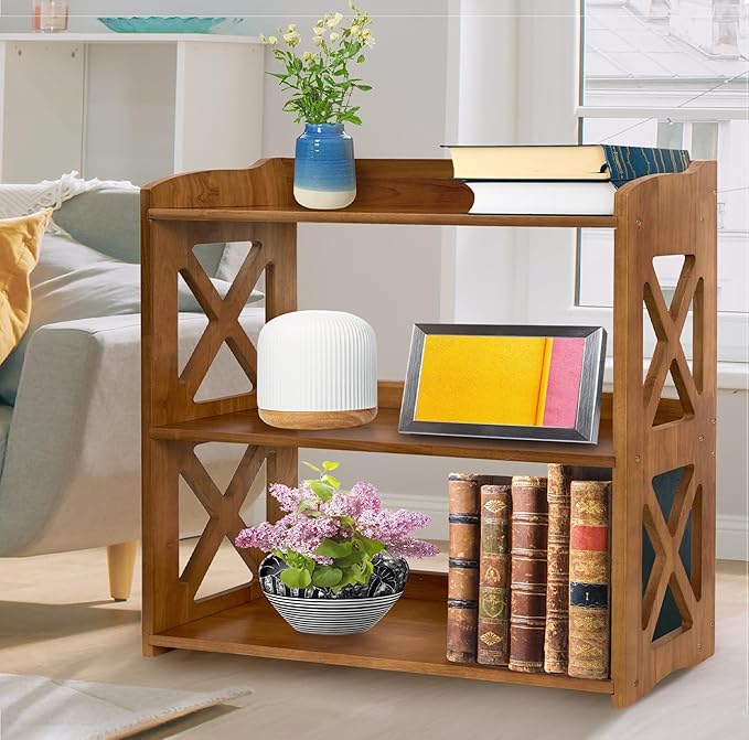 Bookcase by Natural Wood, 3 Tier Bookshelf, Small Book Shelves Freestanding Display Storage Shelves. Open Bookshelf for Bedroom, Living Room and Office (Brown, 3 Tier) - LeafyLoom