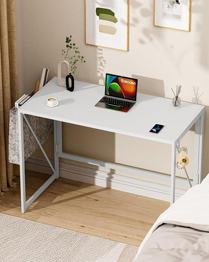 Folding Desk, Small Foldable Desk 39.4 Inch for Small Space, Computer Table Home Office Writing Desk with Storage Bag Headphone Hook, Easy Assembly, White - LeafyLoom