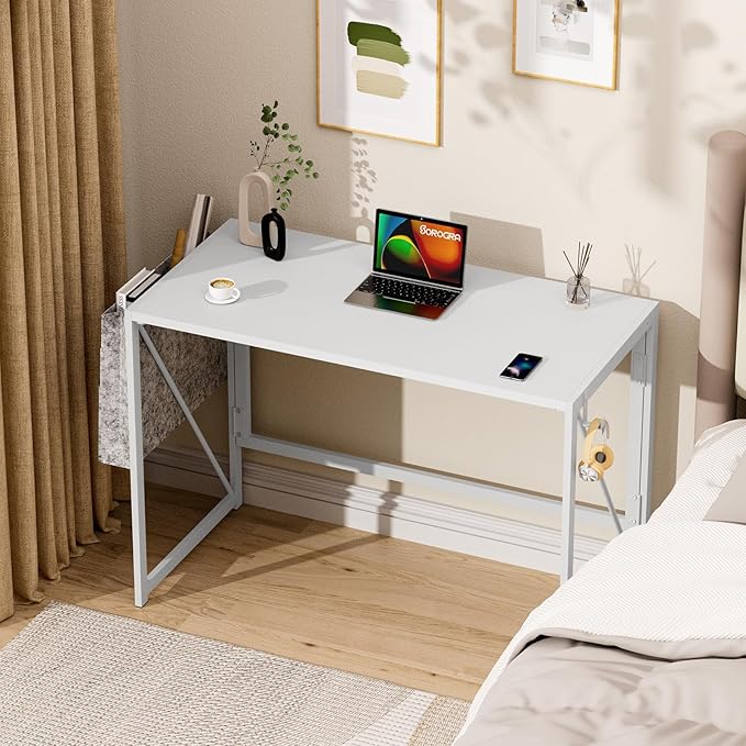 Folding Desk, Small Foldable Desk 39.4 Inch for Small Space, Computer Table Home Office Writing Desk with Storage Bag Headphone Hook, Easy Assembly, White - LeafyLoom
