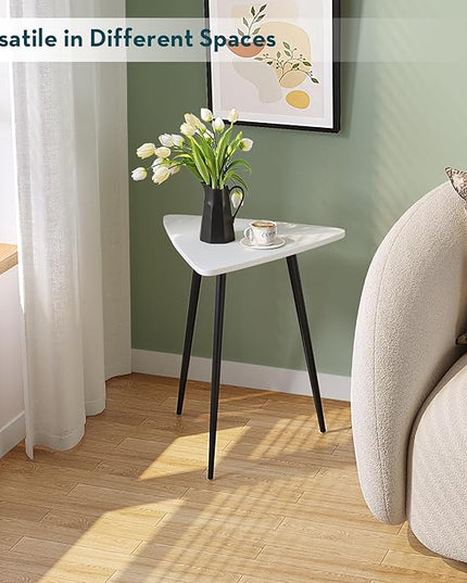 SAYGOER White End Table for Small Places Triangle Side Tables Modern Sofa Table for Living Room Bedroom Office Small Night Stand Metal Legs Bedside Table White Home Decor, Easy Assembly - LeafyLoom