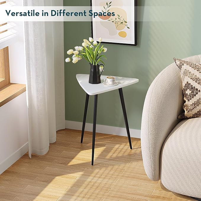 SAYGOER White End Table for Small Places Triangle Side Tables Modern Sofa Table for Living Room Bedroom Office Small Night Stand Metal Legs Bedside Table White Home Decor, Easy Assembly - LeafyLoom