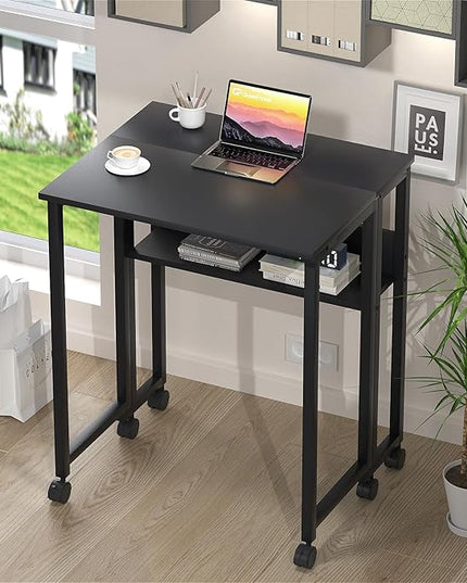 GreenForest Folding Desk Small Rolling Desk with Storage Shelf,31.5 inch Foldable Computer Desk with Wheels for Small Space,Easy Assembly,Black - LeafyLoom