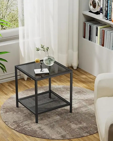 SAYGOER Black Side Table Small Glass End Table 2-Tier Narrow Square Bed Side Table Sofa Small Leisure Table with Black Metal Frane for Living Room Bedroom Balcony Patio, Black Glass - LeafyLoom