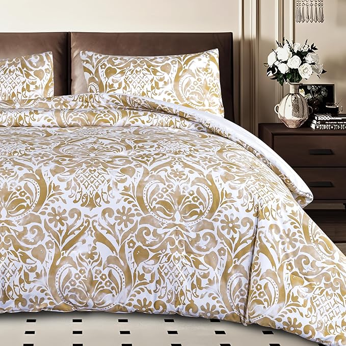 ALPHA HOME Comforter Set King Size, All Season Bedding Comforter Set, Comfortable Classic Damask Pattern Comforter Set with Cotton Fabric (1 Comforter, 2 Pillowcases) - LeafyLoom