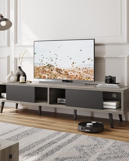Bestier 70 inch Mid Century Modern TV Stand for 75 inch TV, Low Profile TV Stand with Storage, Entertainment Center for Living Room, Cord Management, Gray Wash - LeafyLoom