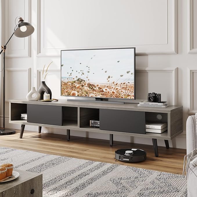 Bestier 70 inch Mid Century Modern TV Stand for 75 inch TV, Low Profile TV Stand with Storage, Entertainment Center for Living Room, Cord Management, Gray Wash - LeafyLoom