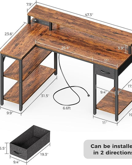 SUPERJARE 47 inch Reversible L Shaped Desk with LED Lights & Power Outlets, Computer Desk with Shelves & Monitor Stand, Gaming Desk with Drawer, Home Office Desk Corner Desk, Rustic Brown - LeafyLoom