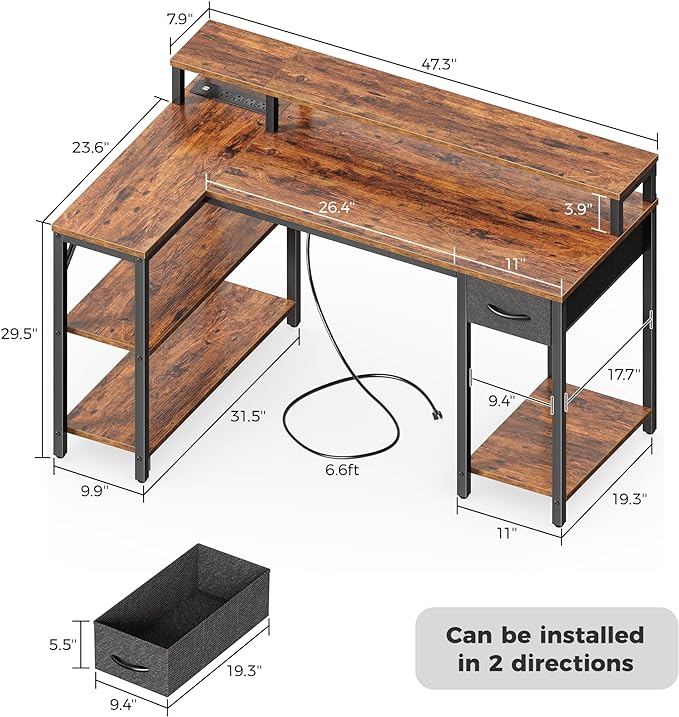 SUPERJARE 47 inch Reversible L Shaped Desk with LED Lights & Power Outlets, Computer Desk with Shelves & Monitor Stand, Gaming Desk with Drawer, Home Office Desk Corner Desk, Rustic Brown - LeafyLoom