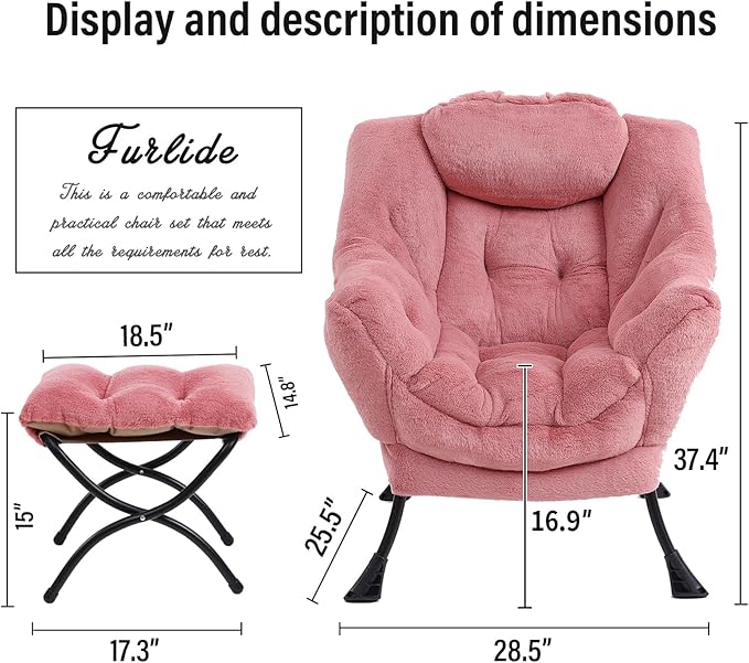 Lazy Chair with Ottoman, Modern Chair with Folding Footrest, Lounge Accent Chair, Comfortable Reading Chair (Plush Dark Pink) - LeafyLoom