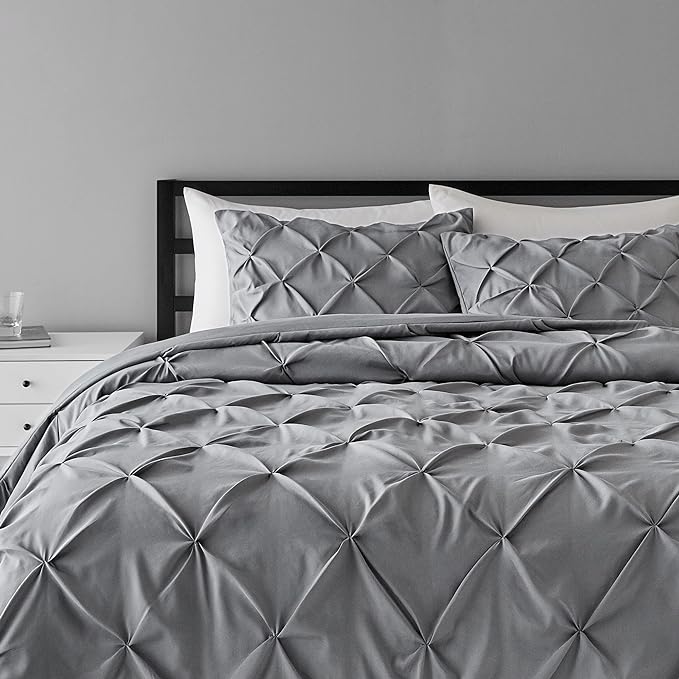 Amazon Basics All-Season Down-Alternative Comforter 3-Piece Bedding Set, Pinch Pleat, Pinched Pleat With Piped Edges, King, Dark Grey - LeafyLoom