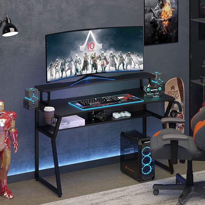 Gaming Desk, Computer Desk with Large Monitor Stand and Open Shelf,Gamer Table Workstation with Cup Holder, Headphone Hook, 2 Speaker Stand for Home Office (Black Carbon Fiber) - LeafyLoom