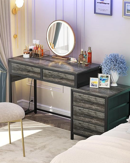 Computer Desk with 5 Drawers, Reversible Office Desk with Power Outlets and USB Charging Ports, Sturdy Writing Table with File Cabinet Printer Stand, PC Desk for Small Spaces, Black Oak - LeafyLoom