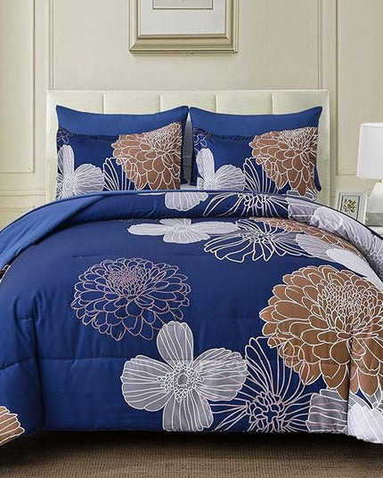 Yiran Navy Brown Comforter Set Queen Bed in a Bag 7 Pieces Floral Soft Microfiber Comforter Bedding Sets Bed Set with Comforter, Sheets, Pillowcases & Shams 90"×90" - LeafyLoom