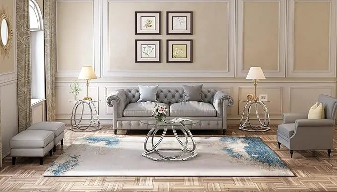O&K FURNITURE Glass Coffee Table, Modern Silver Coffee Table Living Room Table with Hexagonal Base, Round Coffee Table for Home&Office, Chrome Finish, 1 PC - LeafyLoom