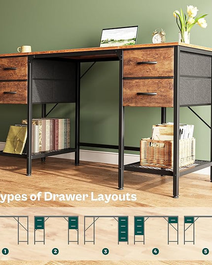55 Inch Computer Desk with 4 Drawers, Office Desk with Mesh Shelf, Gaming Desk, Large Storage, Writing Desk Work Desk for Home Office, Study, Bedroom, Work from Home, Rustic Brown - LeafyLoom