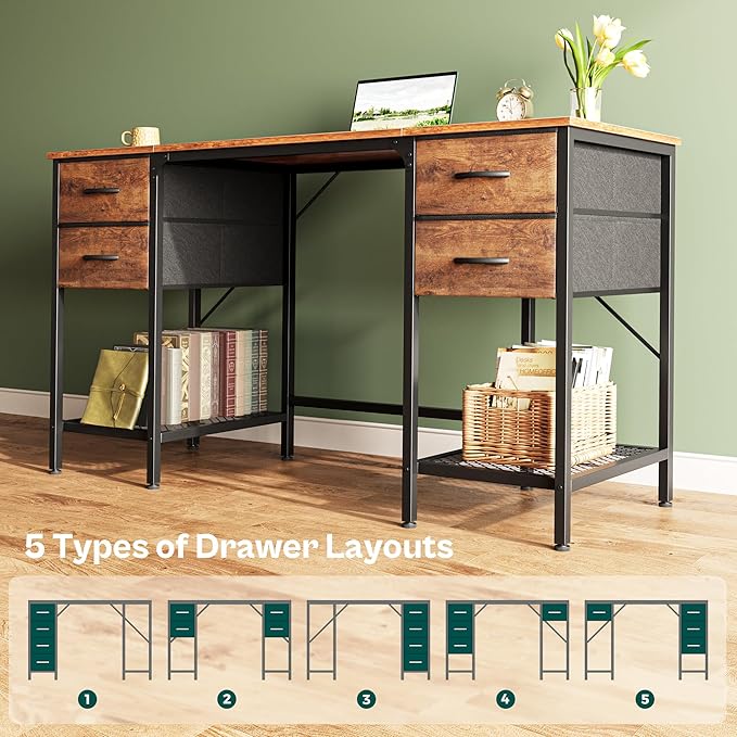 55 Inch Computer Desk with 4 Drawers, Office Desk with Mesh Shelf, Gaming Desk, Large Storage, Writing Desk Work Desk for Home Office, Study, Bedroom, Work from Home, Rustic Brown - LeafyLoom