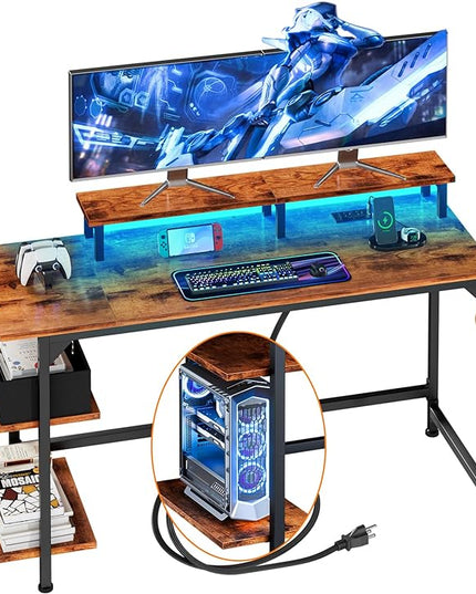 Furologee Desk with Power Outlets and LED Lights, 47" Computer Office Desk with Shelves and Fabric Drawer, Reversible Gaming Study Table with Monitor Stand and Hooks, Rustic Brown - LeafyLoom