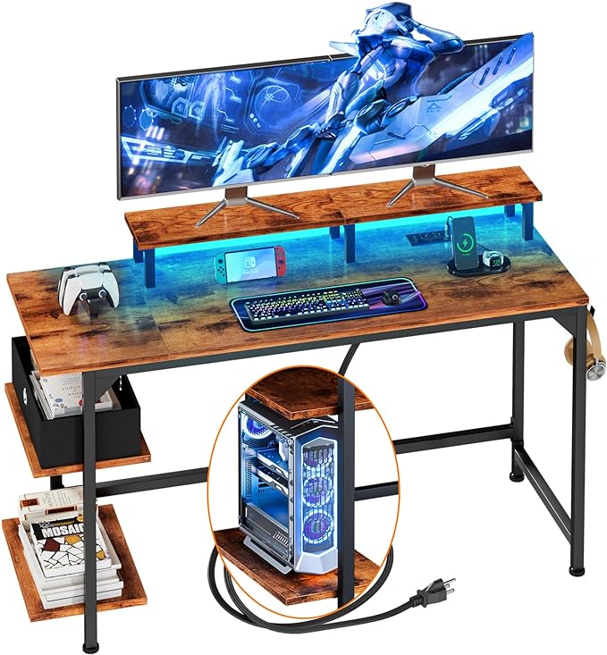 Furologee Desk with Power Outlets and LED Lights, 47" Computer Office Desk with Shelves and Fabric Drawer, Reversible Gaming Study Table with Monitor Stand and Hooks, Rustic Brown - LeafyLoom