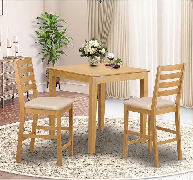 East West Furniture PBCF3-OAK-C 3 Piece Counter Height Pub Set for Small Spaces Contains a Square Kitchen Table and 2 Linen Fabric Dining Room Chairs, 36x36 Inch - LeafyLoom